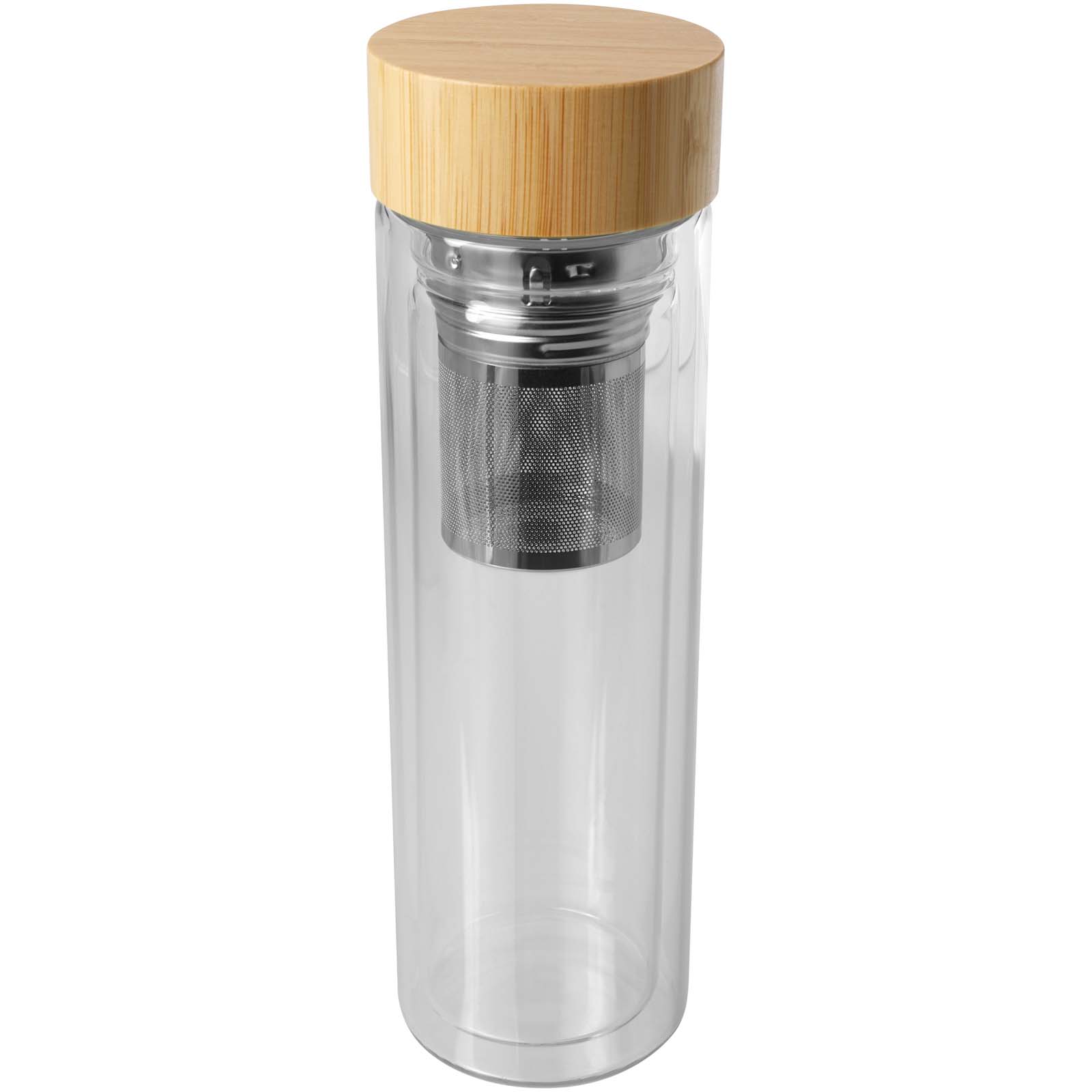 Bouteilles avec infuseur publicitaires - Bouteille à infusion Bailey en verre borosilicate de 400 ml avec couvercle en bambou - 0