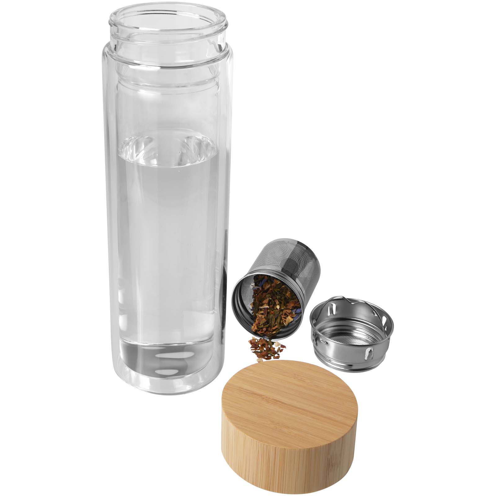 Bouteilles avec infuseur publicitaires - Bouteille à infusion Bailey en verre borosilicate de 400 ml avec couvercle en bambou - 3