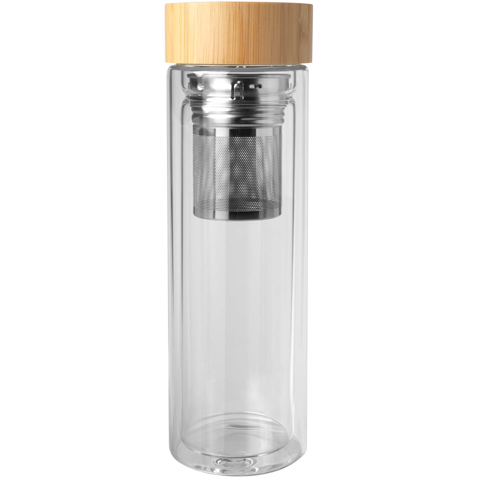 Bouteilles avec infuseur publicitaires - Bouteille à infusion Bailey en verre borosilicate de 400 ml avec couvercle en bambou - 1