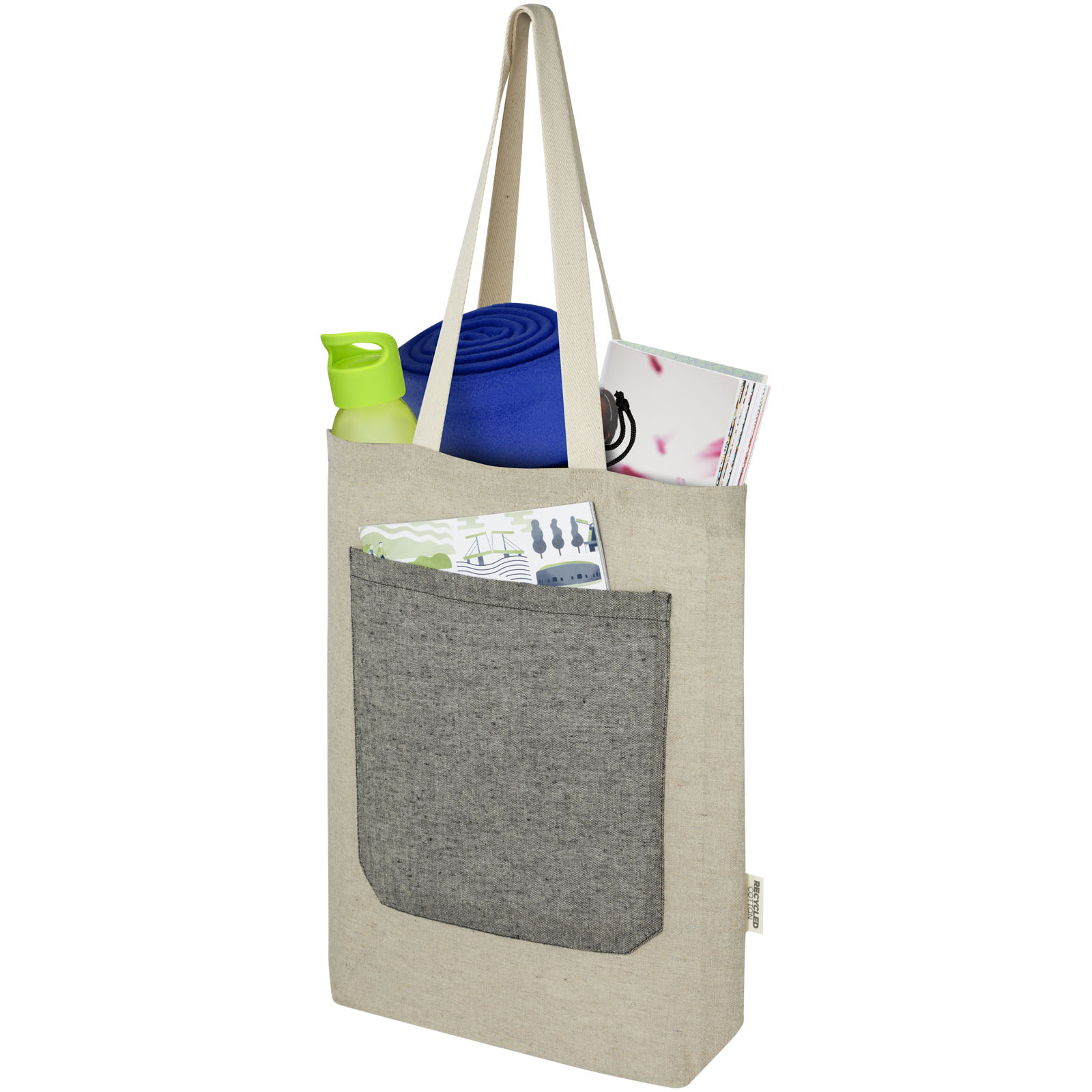 Sacs de shopping publicitaires - Sac shopping Pheebs en coton recyclé 150 g/m² de 9 l avec poche avant - 3